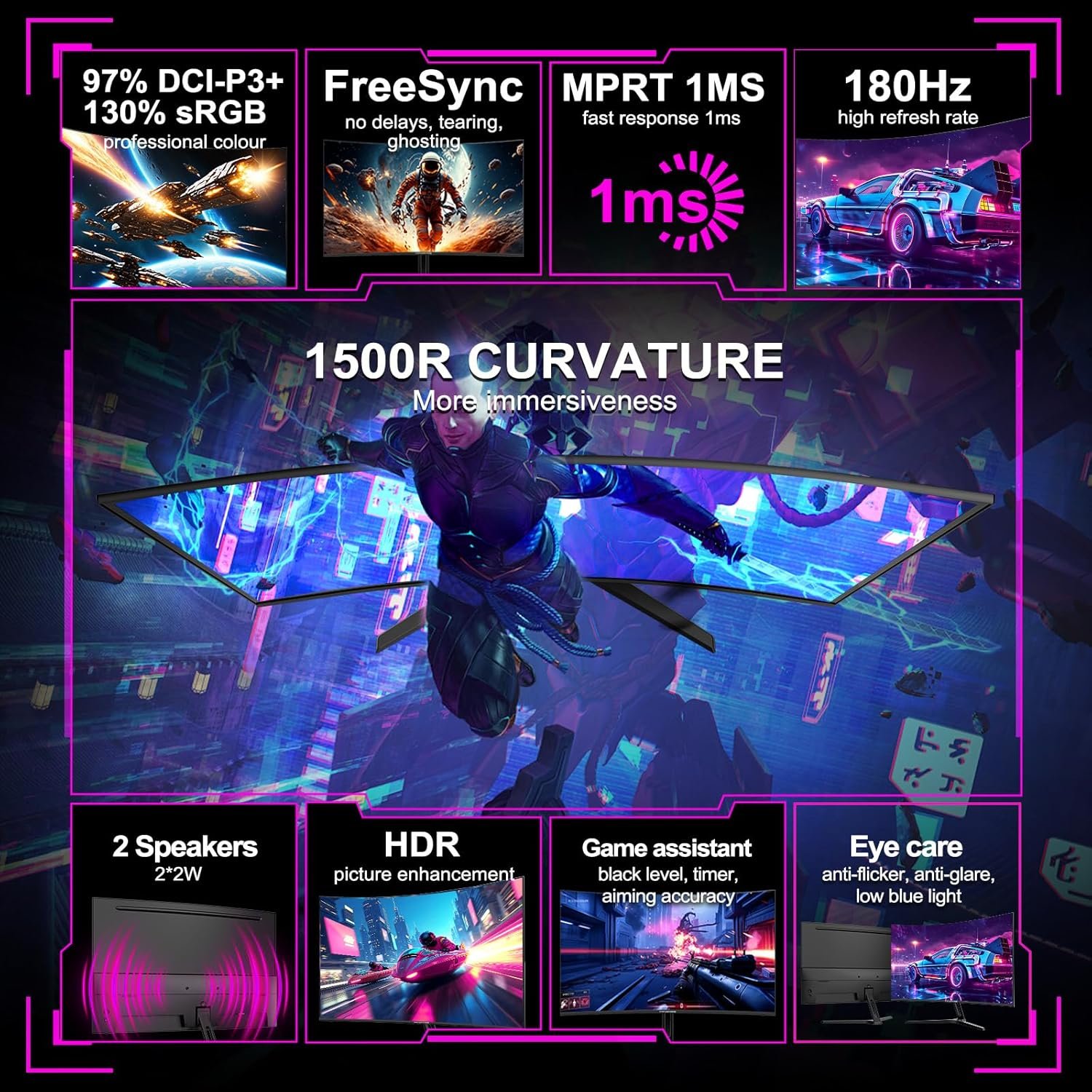New 24" Curved Gaming Monitor, FHD 1080P, 180Hz Refresh Rate, 1ms Response, AMD FreeSync, Ultra-Slim Design, HDMI/DP, VESA Mountable #TikTokShopBacktoSchool - Bild 3